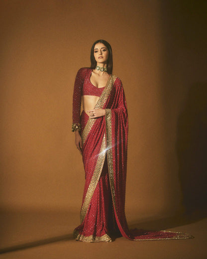 RED PRESENTING PURE FAUX GEORGETTE DESIGNER SAREE WITH PREMIUM EMBROIDERY AND SEQUENCE WORK