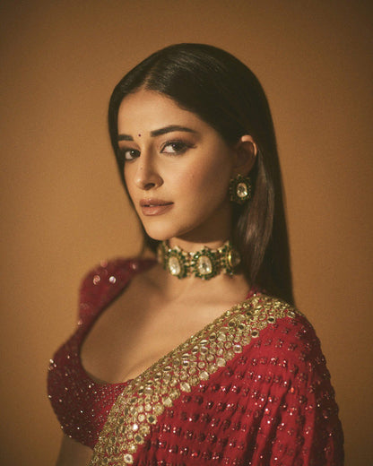 RED PRESENTING PURE FAUX GEORGETTE DESIGNER SAREE WITH PREMIUM EMBROIDERY AND SEQUENCE WORK