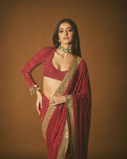 RED PRESENTING PURE FAUX GEORGETTE DESIGNER SAREE WITH PREMIUM EMBROIDERY AND SEQUENCE WORK