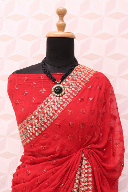 RED PRESENTING PURE FAUX GEORGETTE DESIGNER SAREE WITH PREMIUM EMBROIDERY AND SEQUENCE WORK