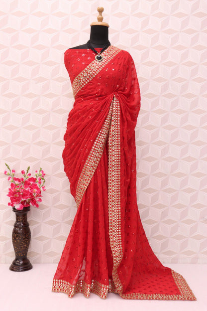 RED PRESENTING PURE FAUX GEORGETTE DESIGNER SAREE WITH PREMIUM EMBROIDERY AND SEQUENCE WORK