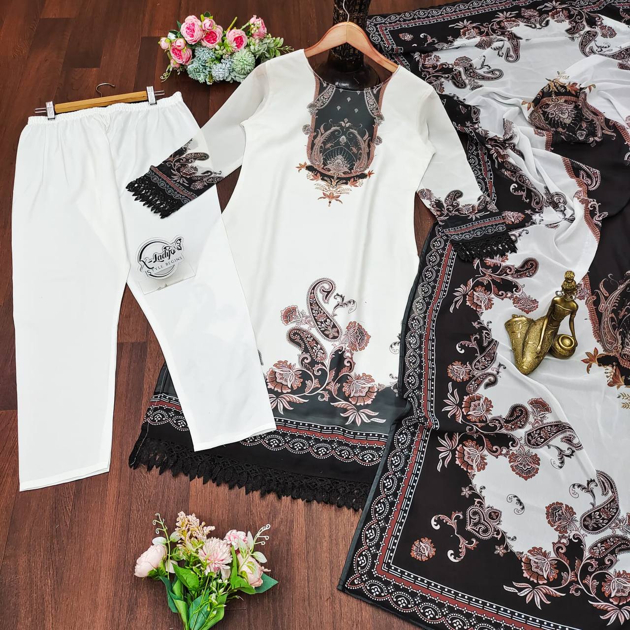 Black and White Beautiful Smart attractive Pakistani sequence embroidered kurta pant and dupatta