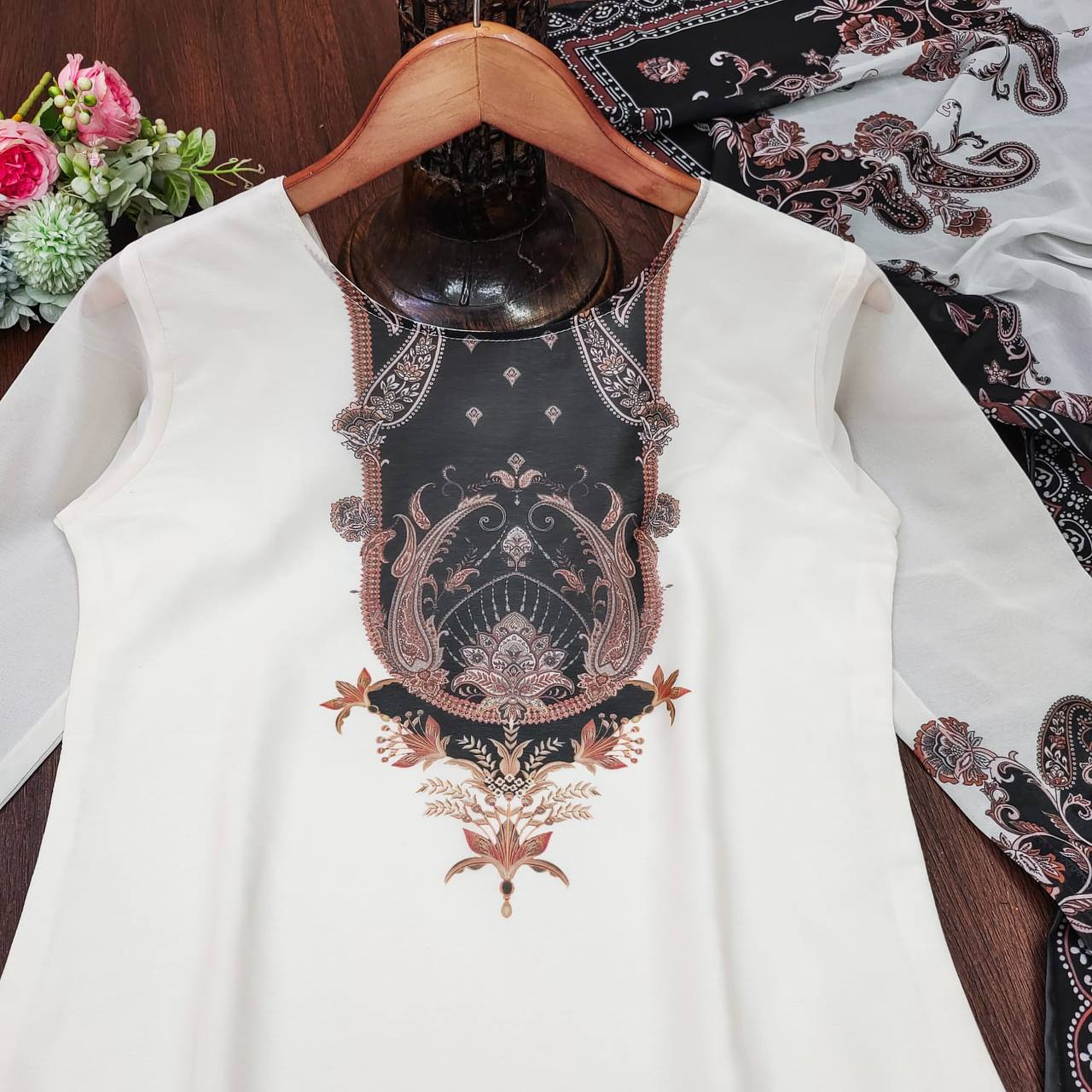 Black and White Beautiful Smart attractive Pakistani sequence embroidered kurta pant and dupatta