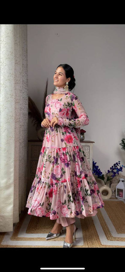 Womens Printed Georgette Ethnic Wear Comfortable Round Neck Designer Gown with Dupatta