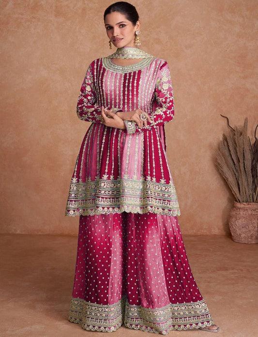 Dual Tone Strip Chinon Heavy Embroidered Stitched Sharara Suit Set With Dupatta