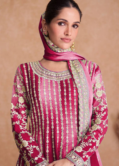 Dual Tone Strip Chinon Heavy Embroidered Stitched Sharara Suit Set With Dupatta