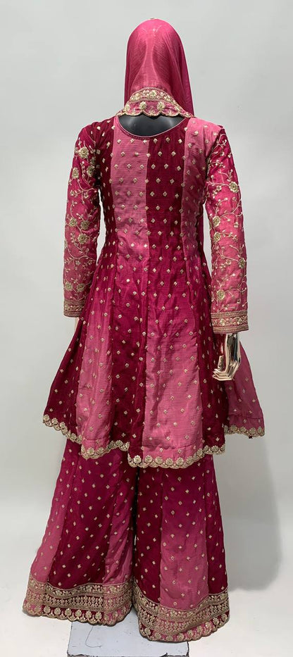 Dual Tone Strip Chinon Heavy Embroidered Stitched Sharara Suit Set With Dupatta
