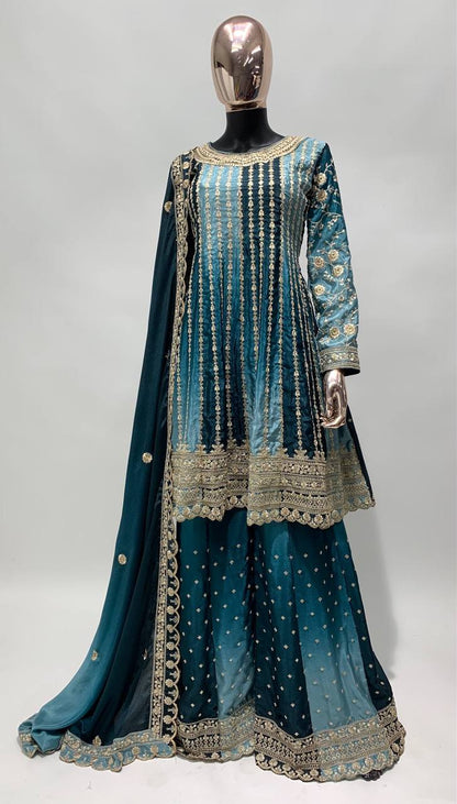 Dual Tone Strip Chinon Heavy Embroidered Stitched Sharara Suit Set With Dupatta