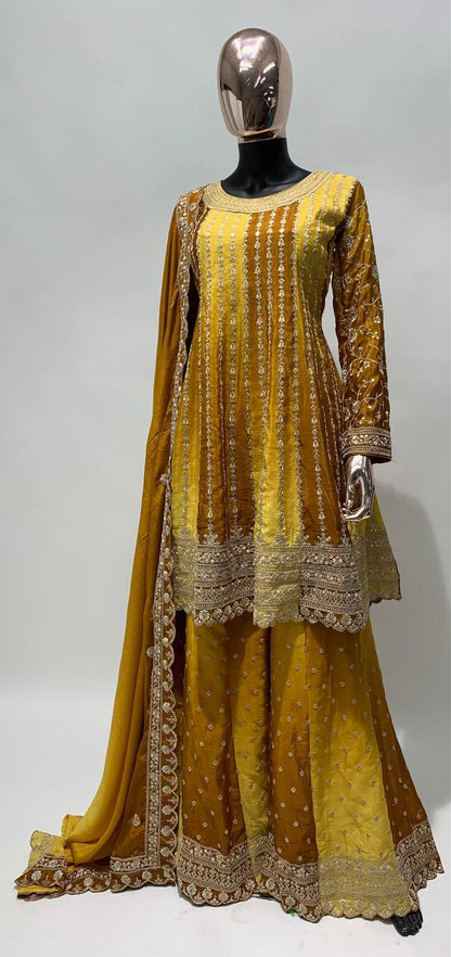 Dual Tone Strip Chinon Heavy Embroidered Stitched Sharara Suit Set With Dupatta