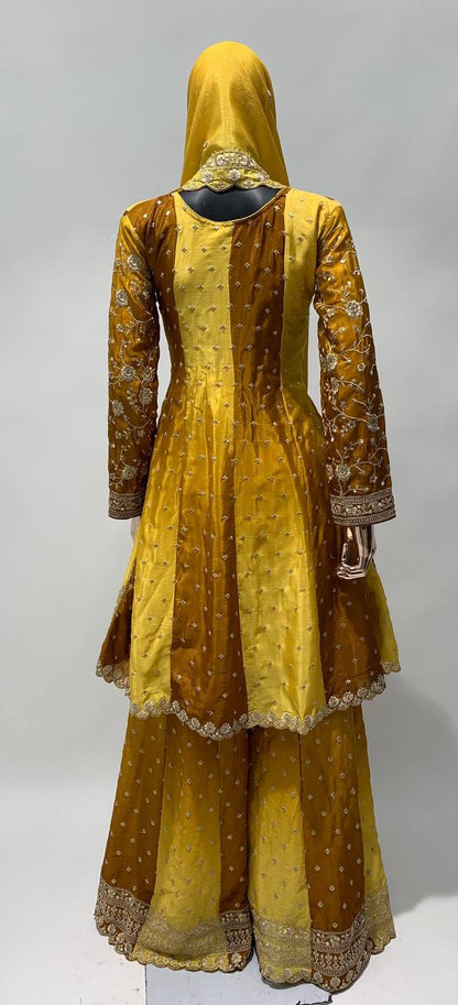 Dual Tone Strip Chinon Heavy Embroidered Stitched Sharara Suit Set With Dupatta