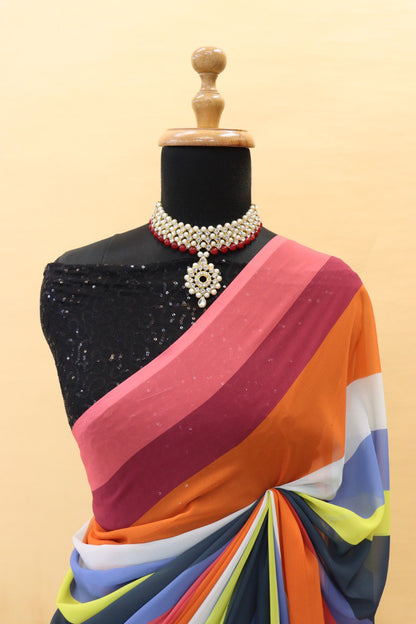 Designer Bollywood Style Multicolor Georgette saree Sabyasachi inspired saree With Beutiful Shining Blouse Piece