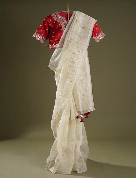 Beautiful Off White Trendy Durga Pooja Special Designer Organza Saree With Sequence Work Blouse