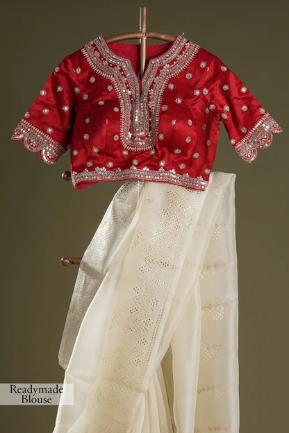 Beautiful Off White Trendy Durga Pooja Special Designer Organza Saree With Sequence Work Blouse