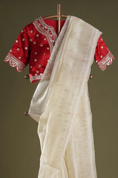 Beautiful Off White Trendy Durga Pooja Special Designer Organza Saree With Sequence Work Blouse