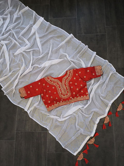Beautiful Off White Trendy Durga Pooja Special Designer Organza Saree With Sequence Work Blouse
