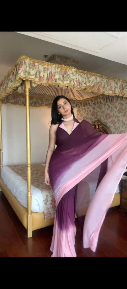 PURPLE DESIGNER GEORGETTE DIGITAL PRINTED READY TO WEAR SAREE WITH UNSTICTHED BLOUSE