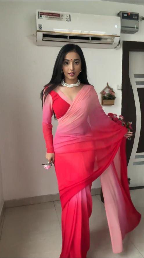 Pre-Stitched Red Pink Color Saree Fancy Shedding Printed Saree With Blouse Piece Designer Partywear Saree,