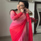 Pre-Stitched Red Pink Color Saree Fancy Shedding Printed Saree With Blouse Piece Designer Partywear Saree,