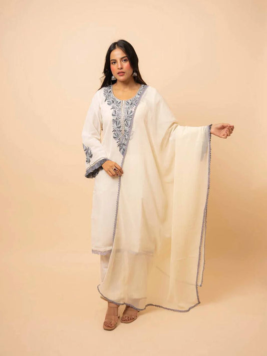 WHITE DESIGNER GEORGETTE EMBROIDERY JHALAR LACE TOP BOTTOM WITH DUPATTA OCCASION WEAR KURTA