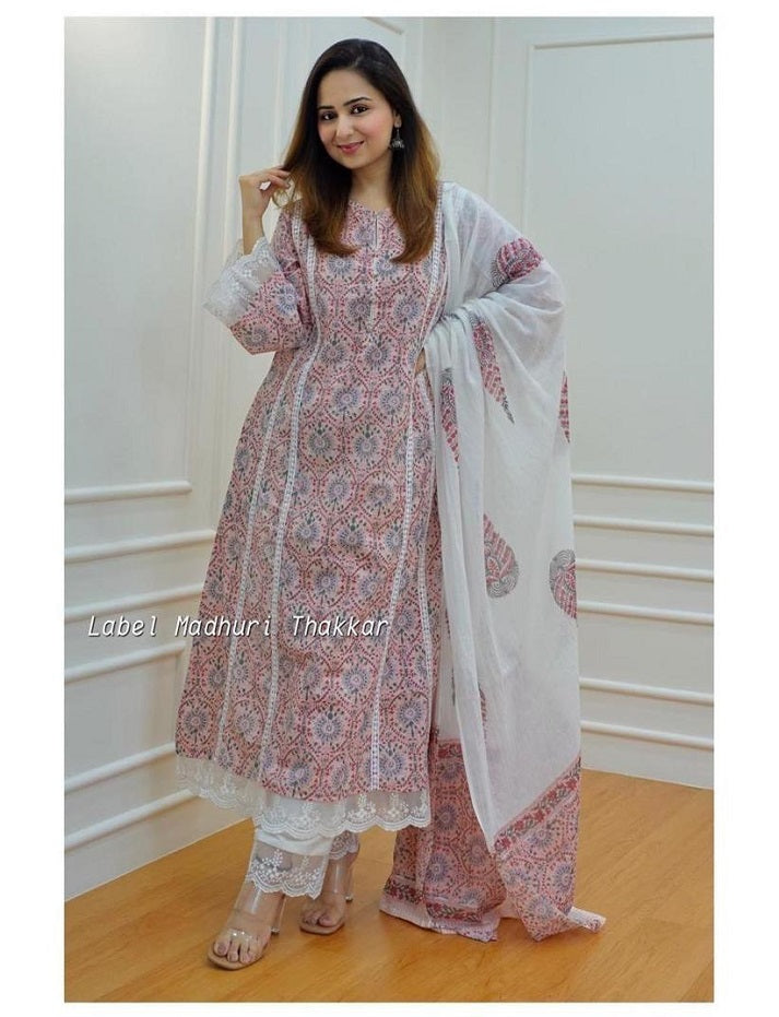 Women's Pure Cotton Pakistani Suit Muslin A Line Kurta With Pant and Duptta Set