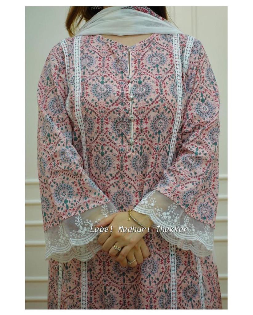 Women's Pure Cotton Pakistani Suit Muslin A Line Kurta With Pant and Duptta Set
