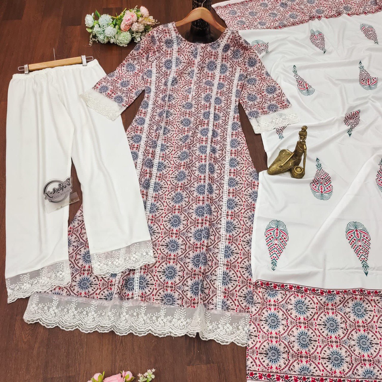 Women's Pure Cotton Pakistani Suit Muslin A Line Kurta With Pant and Duptta Set