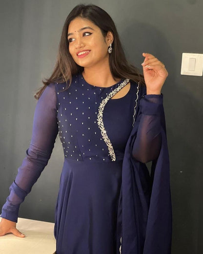 Beautiful Navy Blue Georgette Embroidered Gown Set