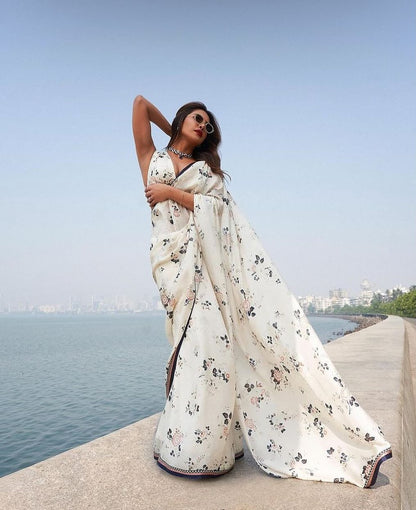 White Satin Georgette Digital Floral Printed Bollywood Saree For Womens With Beautiful Blouse Piece