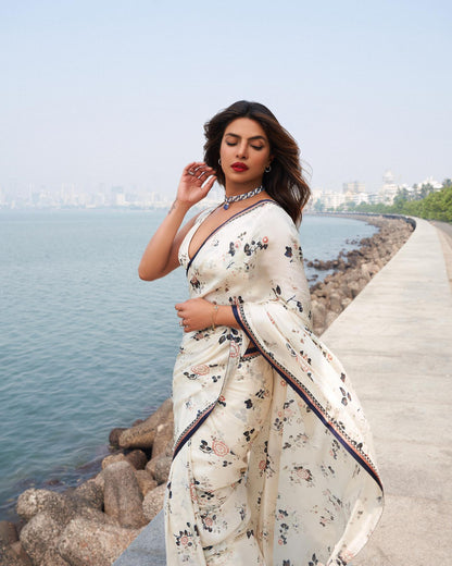 White Satin Georgette Digital Floral Printed Bollywood Saree For Womens With Beautiful Blouse Piece