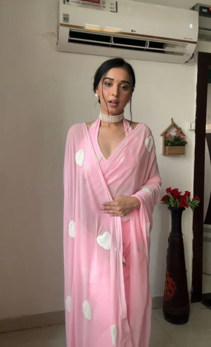 Light Pink Embroidered Georgette Prestitch Exclsuive Bollywood Barbie Look Saree For Womens