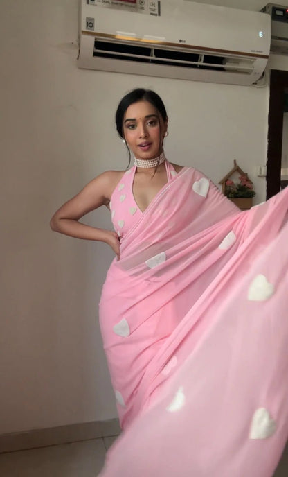Light Pink Embroidered Georgette Prestitch Exclsuive Bollywood Barbie Look Saree For Womens