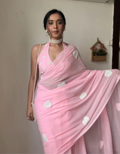 Light Pink Embroidered Georgette Prestitch Exclsuive Bollywood Barbie Look Saree For Womens