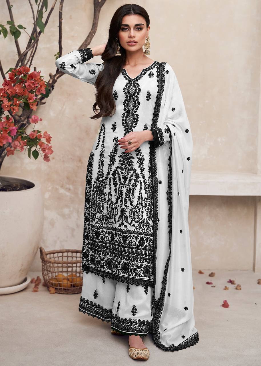 Black And White Chikankari Kurta With Palazzo Set, Designer Premium Silk Pakistani Salwar Suit