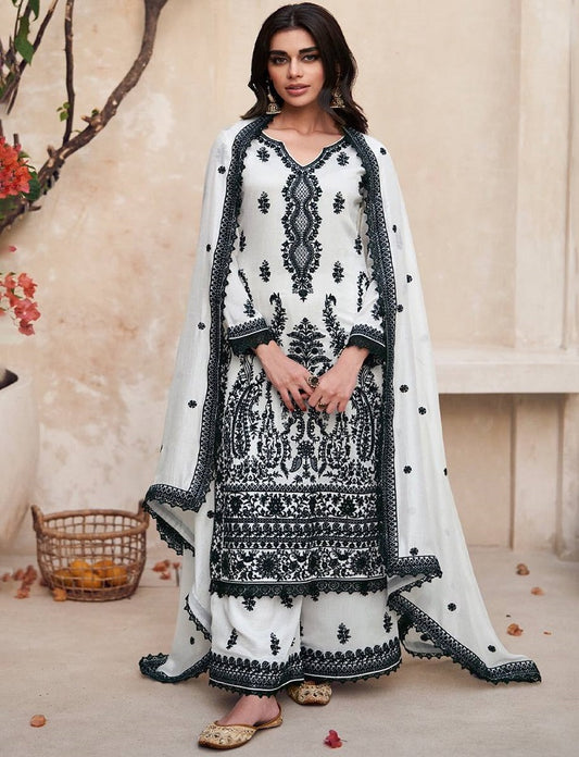 Black And White Chikankari Kurta With Palazzo Set, Designer Premium Silk Pakistani Salwar Suit