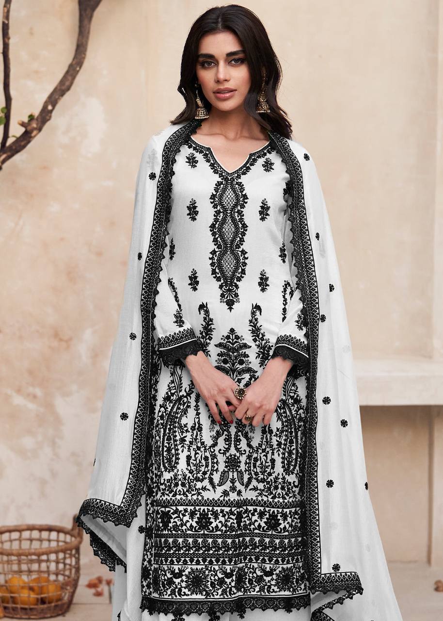 Black And White Chikankari Kurta With Palazzo Set, Designer Premium Silk Pakistani Salwar Suit