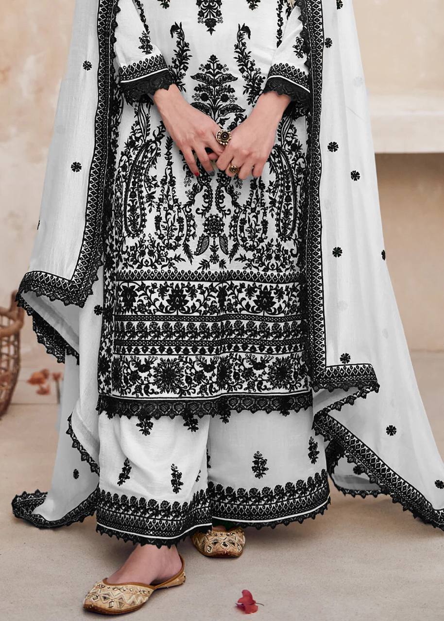 Black And White Chikankari Kurta With Palazzo Set, Designer Premium Silk Pakistani Salwar Suit