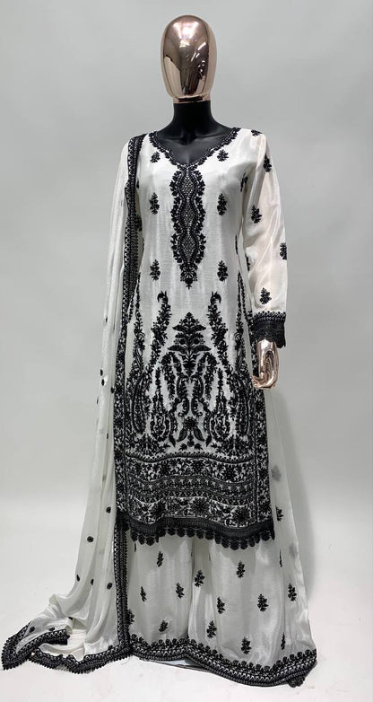 Black And White Chikankari Kurta With Palazzo Set, Designer Premium Silk Pakistani Salwar Suit