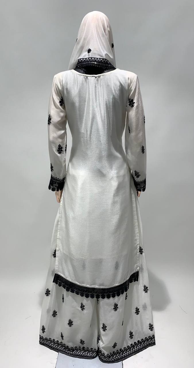 Black And White Chikankari Kurta With Palazzo Set, Designer Premium Silk Pakistani Salwar Suit