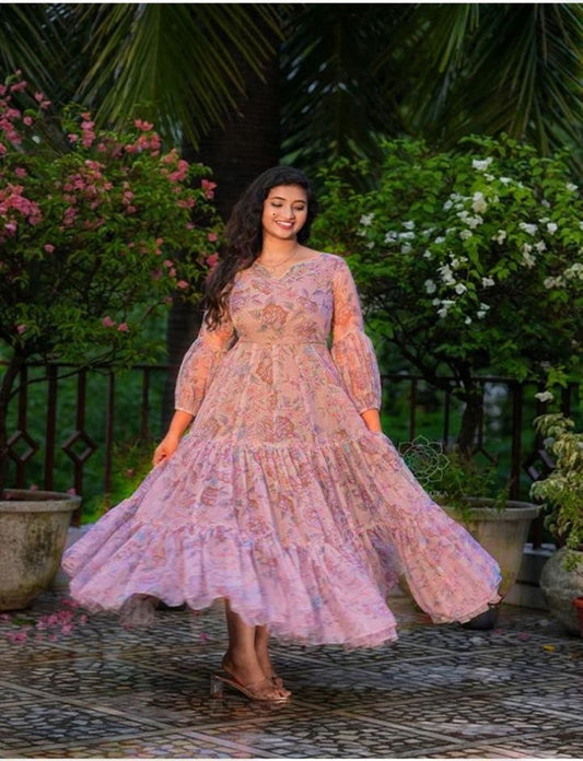 Georgette Maxy Gown with frill pettan sleeves