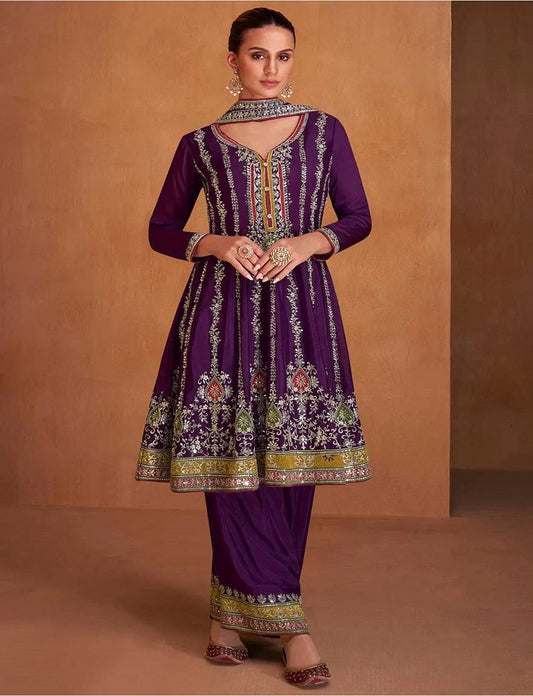 Purple Color Chinon Embroidered Short Anarkali With Pant Style Suit For Womens