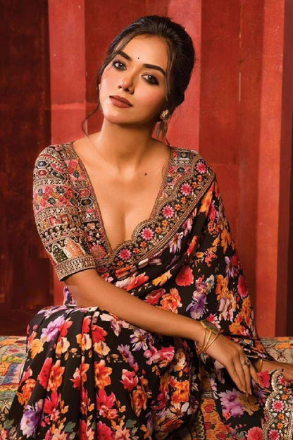 Black Georgette Silk Digital Floral Print  Saree With Heavy Sequence & Multi Thread Work