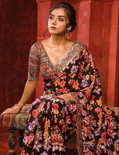 Black Georgette Silk Digital Floral Print  Saree With Heavy Sequence & Multi Thread Work