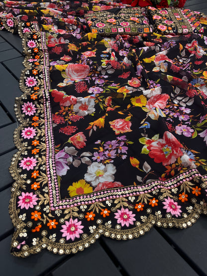 Black Georgette Silk Digital Floral Print  Saree With Heavy Sequence & Multi Thread Work