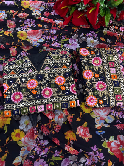 Black Georgette Silk Digital Floral Print  Saree With Heavy Sequence & Multi Thread Work