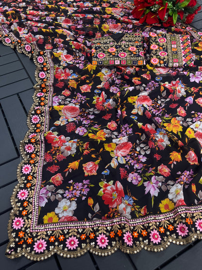 Black Georgette Silk Digital Floral Print  Saree With Heavy Sequence & Multi Thread Work