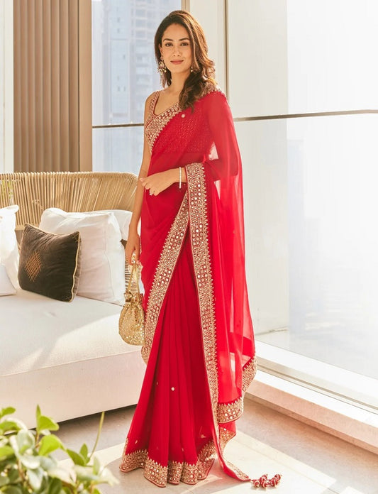Red Color Beautiful Rangoli Silk Embroidery Sequence & Thread Work Saree,Wedding Wear Saree,Saree For US Woman, Red Saree,Bollywood Saree