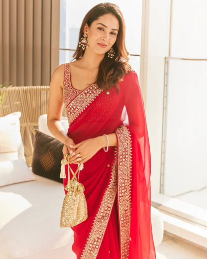 Red Color Beautiful Rangoli Silk Embroidery Sequence & Thread Work Saree,Wedding Wear Saree,Saree For US Woman, Red Saree,Bollywood Saree