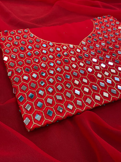 Red Color Women's Bollywood Fancy Georgette Saree With Unstitched Mirror Worked Blouse