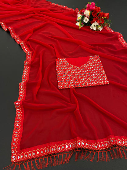 Red Color Women's Bollywood Fancy Georgette Saree With Unstitched Mirror Worked Blouse