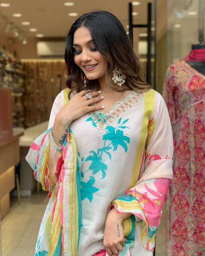Beautiful Viscose Organza digital print kurti paired with Shantoon pant and pure Viscose organza digital print duppata